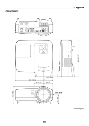 Page 99
90
7. Appendix
NP600S/NP500WS
SELECT
MENU
EXITENTER
STATUSLAMP
AUTO ADJ.SOURCE
FOCUS
78 (3.1)
308 (12.1)
76 (3)
143.2 (5.6
)
301.5 (11.9
)
75.5 (3
)
Lens center
Lens center
Unit: mm (inch) 