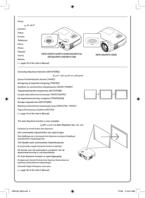 Page 5NP610/NP510/NP410/NP405/NP310/
NP305/NP510W/NP410WNP610S/NP510WS
M
ENUEX
ITENTE
RST
AT
US LA
MP
AU
TO
AD
J. SO
UR
CE
F
O
CU
S
ST
A
T
US LA
M
P
AUTOA
DJ. S
OU
RCEMENUE
X
ITE
NT
ER
FOC
USFOCUS
STA
TU
S L
AM
P
AU
TO
AD
J.
SOU
R
CEM
E
NUE
XITENTER
F
O
CUSFOCUS
Focus
 
Zaostření
Fokus
Εστίαση
Tarkennus
Fókusz
Focus
Fokuser
Ostrość
Netleme
(
→ page 33 of the User’s Manual)
Correcting Keystone Distortion [KEYSTONE]
 
Oprava lichoběžníkového zkreslení [TRAPÉZ]
Korrigering af trapezforvrængning [TRAPEZ]
Διόρθωση...