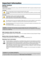 Page 3i
Important Information
Safety Cautions
Precautions
Please read this manual carefully before using your NEC NP215/NP210/NP115/NP110 projector and keep the manual 
handy for future reference.
CAUTION
To turn off main power, be sure to remove the plug from power outlet.
The power outlet socket should be installed as near to the equipment as possible, and should be easily 
accessible.
CAUTION
TO PREVENT SHOCK, DO NOT OPEN THE CABINET.
THERE ARE HIGH-VOLTAGE COMPONENTS INSIDE.
REFER SERVICING TO QUALIFIED...