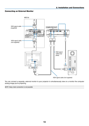 Page 2213
2. Installation and Connections
Connecting an External Monitor
You  can  connect  a  separate,  external  monitor  to  your  projector  to  simultaneously  view  on  a  monitor  the  computer 
analog image you’re projecting.
NOTE:	Daisy	chain	connection	is	not	possible.
PHONE
COMPUTER OUT
AUDIO OUTMONITOR OUT
(COMP 1)
VGA signal cable (sup-
plied)
VGA signal cable (not supplied)
NP216
VGA signal cable 
(not supplied)
VGA signal cable (supplied) 