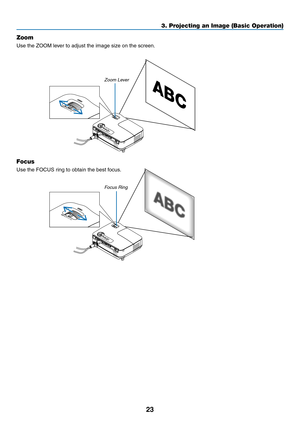 Page 3223
3. Projecting an Image (Basic Operation)
Zoom
Use	the	ZOOM	lever	to	adjust	the	image	size	on	the	screen.
Zoom Lever
Focus
Use the FOCUS ring to obtain the best focus.
Focus Ring 