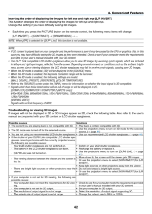 Page 5142
4. Convenient Features
Inverting	the	order	of	displaying	the	images	for	left	eye	and	right	eye	[L/R	INVERT]
This function changes the order of displaying the images for left eye and right eye.
Change the setting if you have difficulty seeing 3D images.
•	 Each	time	you	press	the	PICTURE	button	on	the	remote	control,	the	following	menu	items	will	change:
	 [L/R	INVERT]	→	[CONTRAST]	→	[BRIGHTNESS]	→ ...
NOTE:	When	[OFF]	is	selected	for	[DLP®	Link],	this	function	is	not	available.
NOTE:
•	 If	3D	content...