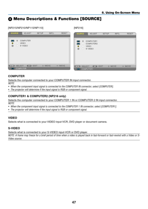 Page 5647
5. Using On-Screen Menu
 Menu Descriptions & Functions [SOURCE]
[NP215/NP210/NP115/NP110][NP216]
COMPUTER
Selects the computer connected to your COMPUTER IN input connector.
NOTE:
•	 When	the	component	input	signal	is	connected	to	the	COMPUTER	IN	connector,	select	[COMPUTER].
•	 The	projector	will	determine	if	the	input	signal	is	RGB	or	component	signal.
COMPUTER1	&	COMPUTER2	(NP216	only)
Selects the computer connected to your COMPUTER 1 IN or COMPUTER 2 IN input connector. 
NOTE:
•	 When	the...