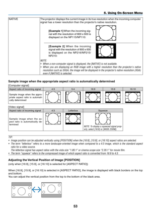 Page 6253
5. Using On-Screen Menu
NATIVEThe projector displays the current image in its true resolution when the incoming computer 
signal has a lower resolution than the projector’s native resolution.
[Example	1] When the incoming sig -
nal with the resolution of 800 x 600 is 
displayed on the NP115/NP110:
[Example	 2]  When  the  incoming 
signal with the resolution of 800 x 600 
is  displayed  on  the  NP216/NP215/
NP210:
NOTE:
•	 When	a	non-computer	signal	is	displayed,	the	[NATIVE]	is	not	available.
•...