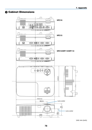 Page 8778
7. Appendix
310(12.2)96(3.8)
247(9.7)
68.4
(2.7)
95
(3.7)
 Cabinet Dimensions
Lens center
Lens center
Unit: mm (inch)
NP215
NP216
NP210/NP115/NP110 