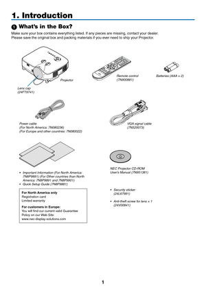 Page 121
1. Introduction
 What’s in the Box?
Make	sure	your	box	contains	everything	listed.	If	any	pieces	are	missing,	contact	your	dealer.
Please	save	the	original	box	and	packing	materials	if	you	ever	need	to	ship	your	Projector.
Lens cap(24FT9741)
Batteries (AAA × 2)
VGA signal cable(7N520073)
NEC Projector CD-ROMUser’s Manual (7N951381)
For North America onlyRegistration	cardLimited	warranty
For customers in Europe:You	will	find	our	current	valid	GuaranteePolicy	on	our	Web...