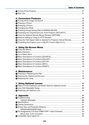 Page 10viii
Table of Contents
7	Turning	off	the	Projector  ........................................................................\
......................31
8	After	Use........................................................................\
..............................................31
4. Convenient Features ........................................................................\
.............32
	 Turning	off	the	Image	and	Sound  ........................................................................\...