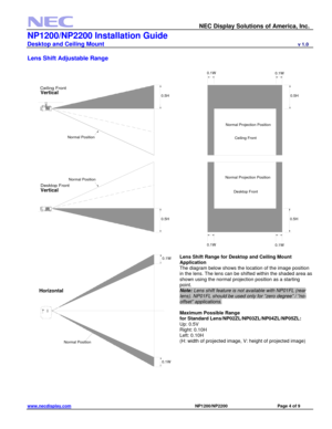 Page 4 
NEC Display Solutions of America, Inc. 
NP1200/NP2200 Installation Guide 
Desktop and Ceiling Mount                             v 1.0 
www.necdisplay.com                                                                                          NP1200/NP2200                                 Page 4 of 9 
 
Lens Shift Adjustable Range
 
 
 
 
 
 
 
 
 
 
 
 
 
 
 
 
 
 
 
 
 
 
 
 
 
 
 
 
 
 
 
 
 
 
 
 
 
 
 
 
 
 
 
 
 
 
 
 
 
 
 
 
   
 
 
 
 
 
 
 
 
 
 
 
 
 
 
 
 
 
 
 
 
 
 
 
 
 
 
 
 
 
Lens...