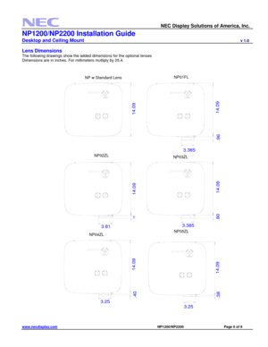 Page 6 
NEC Display Solutions of America, Inc. 
NP1200/NP2200 Installation Guide 
Desktop and Ceiling Mount                             v 1.0 
www.necdisplay.com                                                                                          NP1200/NP2200                                 Page 6 of 9 
 
Lens Dimensions 
The following drawings show the added dimensions for the optional lenses 
Dimensions are in inches. For millimeters multiply by 25.4....