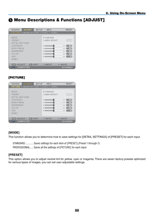 Page 102
88
6. Using On-Screen Menu
 Menu Descriptions & Functions [ADJUST]
[PICTURE]
[MODE]
This function allows you to determine how to save settings for [DETAIL SETTINGS] of [PRESET] for each input.
STANDARD.............Saves.settings.for.each.item.of.[PRESET].(Preset.1.through.7)
PROFESSIONAL......Saves.all.the.settings.of.[PICTURE].for.each.input..
[PRESET]
This option allows you to adjust neutral tint for yellow, cyan or magenta. There are seven factory presets optimized 
for various types of images, you...