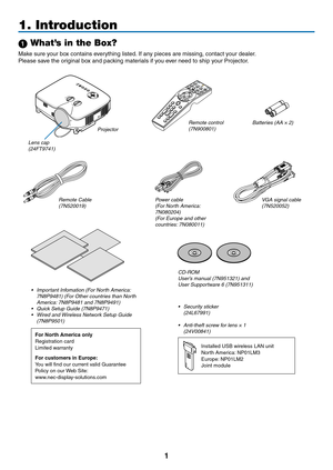 Page 15

1. Introduction
 What’s in the Box?
Make sure your box contains everything listed. If any pieces are missing, contact your dealer.
Please save the original box and packing materials if you ever need to ship your Projector.
OFFVIDEOS-VIDEOVIEWERNETWORK
COMPUTERCOMPONENTONPOWER
POWER
LASER
3D REFORM
AUTO ADJ.ASPECT
HELPPICTUREPIC-MUTE
LAMP MODER-CLICKL-CLICKMOUSEFREEZEPIPVOLUMEMAGNIFYPAGE
SELECT312
UPDOWN
Lens cap(24FT9741)
Remote control(7N900801)Batteries (AA × 2)
Remote Cable(7N520019)Power...