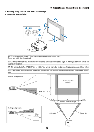 Page 41

3. Projecting an Image (Basic Operation)
Adjusting the position of a projected image
• Rotate the lens shift dial.
 LAMPSTATUSPOWERON/STAND BYSOURCEAUTO ADJUST3D REFORMSELECT
USB       SELECT
LENS SHIFTLEFTRIGHTDOWNUP
WIRELESSWIRELESS
LENS SHIFTLEFTRIGHTDOWN
UP
Desktop front projection 
Ceiling front projection 
Vertical shift
Vertical shift
Max. 0.5V
Max.  0.5V 
1V 
0.5V
0.1H 0.1H 1H 
Width of projected image 
Shift to left Shift to right 
1VNormal projectionPosition
   NOTE: The lens shift...