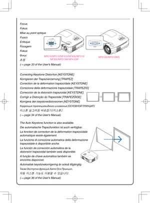 Page 5Correcting Keystone Distortion [KEYSTONE]
Korrigieren der Trapezverzerrung [TRAPEZ]
Correction de la déformation trapézoïdale [KEYSTONE]
Correzione della deformazione trapezoidale [TRAPEZIO]
Corrección de la distorsión trapezoidal [KEYSTONE]
Corrigir a Distorção do Trapezóide [TRAPEZÓIDE]
Korrigera den keystonedistorsionen [KEYSTONE]
Коррекция трапециевид\сно\fо искажения [ОСНОВНОЙ ПРИНЦИП]
키스톤 일그러짐 바로잡기[키스톤]
(→  page 34 of the User’s Manual)
The Auto Keystone function is also available.
Die automatische...