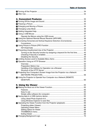 Page 12
x
Table of Contents
 Turning off the Projector ........................................................................\
......................34
 After Use........................................................................\
..............................................34
4. Convenient Features ........................................................................\
.............35
 Turning Off the Image and Sound  ........................................................................\...