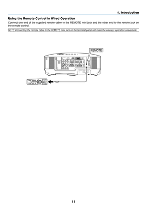 Page 25

1. Introduction
Using the Remote Control in Wired Operation
Connect  one  end  of  the  supplied  remote  cable  to  the  REMOTE  mini  jack  and  the  other  end  to  the  remote  jack  on 
the remote control.
NOTE: Connecting the remote cable to the REMOTE mini jack on the termina\
l panel will make the wireless operation unavailable.
WIRELESS
USB(LAN)
WIRELESS
REMOTE
LASER3D REFORMAUTO ADJ.
ASPECT
HELP
PICTUREPIC-MUTELAMP MODER-CLICK...