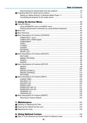 Page 13
xi
Table of Contents
Disconnecting the shared folder from the projector ...............................................76
 Projecting data from media server (Viewer) ................................................................77
Setting up “Media Sharing” in Windows Media Player 11  ......................................77
Connecting the projector to the media server ........................................................79
6. Using On-Screen Menu...