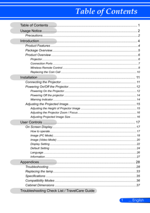 Page 71... English
Table of Contents
Table of Contents  ......................................................................................... 1
Usage Notice  ................................................................................................ 2
Precautions........................................................................\
................................... 2
Introduction................................................................................................... 4
Product Features...