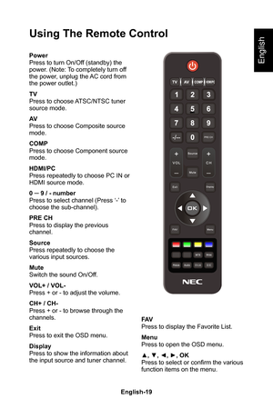 Page 21English-19English-18
English
Using The Remote Control
Power
Press to turn On/Off (standby) the power� (Note: To completely turn off the power, unplug the AC cord from the power outlet�)
TV
Press to choose ATSC/NTSC tuner source mode�
AV
Press to choose Composite source 
mode�
COMP
Press to choose Component source 
mode�
HDMI/PC
Press repeatedly to choose PC IN or HDMI source mode�
0 ─ 9 / - number
Press to select channel (Press ‘-’ to choose the sub-channel)�
PRE CH
Press to display the previous...