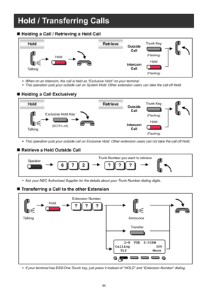 Page 1211  
   
 
 
 
 
 
 
 
 
 
 
 
 
 
 
 
 
 
 
 
 
 
Hold / Transferring Calls 
 Holding a Call / Retrieving a Held Call 
Talking 
Hold Retrieve 
 When on an Intercom, the call is held as “Exclusive Hold” on your terminal. 
 This operation puts your outside call on System Hold. Other extension users can take the call off Hold. 
 Retrieve a Held Outside Call 
Trunk Number you want to retrieve 
?? ?672
 Ask your NEC Authorized Supplier for the details about your Trunk Number dialing digits. 
...