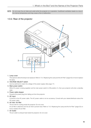 Page 1111
1. What’s in the Box? and \fithe Names of the Pr\fiojector Parts
NOTEDo not cover the air inlets and outlet while the projector is in operation. \bnsufficient ventilation leads to a rise of 
the internal temperature and may cause a \fifire or malfunction.
1-3-2. Rear of the projector
1 8
2 34 5
6
7
1.
  Lamp cover
This opens to allow the lamp to \fe replaced. Refer to “5-3. Replacing the Lamp and the Air Filter” (page 52) on how to replace 
the lamp.
2.  VOLTAGE SELECT switch
Can \fe switched to...