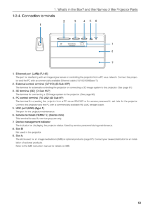 Page 1313
1. What’s in the Box? and \fithe Names of the Pr\fiojector Parts
1-3-4. Connection terminals
LAN
GP I/O3DRS-232
USBREMO\fE
PWR SOF\f OS FM\f ICP BA
POR\f
FOR SER\bICE
1 2
9
3
456
7
8
1.  Ethernet port (LA\f) (RJ-45)
The port for interfacing with an image signal server or controlling the projector from a PC via a network. Connect the projec-
tor and the PC wit\fih a commercially availa\fle Et\fihernet ca\fle (10/100/1\fi000Base-T). 
2.  External control terminal (GP I/O) (D-S\lub 37P)
The terminal for...