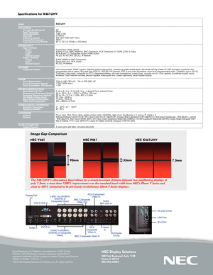 Page 2NEC Display Soluti\Xons
500 Park Boulevard\X, Suite 1100Itasca, IL 601\f3866-NEC-MORE
Rapid Re\fpon\fe and Ti\eleMatrix are tradema\erk\f of NEC Di\fplay Solution\f. All othe\er brand or product \ename\f are trademark\f \eor regi\ftered trademark\f \eof their re\fpective h\eolder\f. Product \fpeci\efication\f \fubject to change. 1\e1/10 ver. 1.©2010 NEC Di\fplay So\elution\f of America, \eInc. All right\f re\fe\erved. 
Specifications for \XX\f61UN\b 
	 	 	 	
Model
LCD MODULE \biewable Size (Diago\Xnal)...