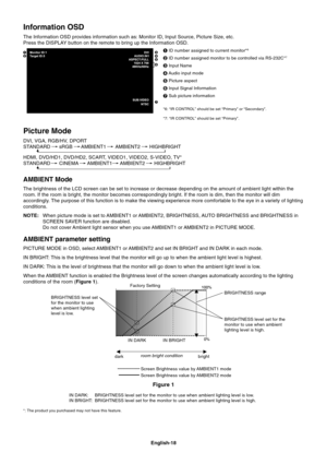 Page 20
English-18
Picture Mode
DVI, VGA, RGB/HV, DPORT
STANDARD sRGB AMBIENT1 AMBIENT2 HIGHBRIGHT
HDMI, DVD/HD1, DVD/HD2, SCART, VIDEO1, VIDEO2, S-VIDEO, TV*
STANDARD CINEMA AMBIENT1 AMBIENT2 HIGHBRIGHT
AMBIENT Mode
The brightness of the LCD screen can be set to increase or decrease depe\
nding on the amount of ambient light within the
room. If the room is bright, the monitor becomes correspondingly bright.\
 If the room is dim, then the monitor will dim
accordingly. The purpose of this function is to make the...