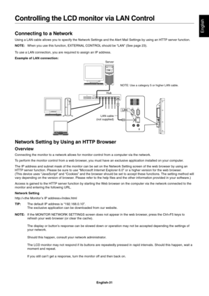 Page 33
English-31
EnglishConnecting to a Network
Using a LAN cable allows you to specify the Network Settings and the Alert Mail Settings by using an HTTP server function.
NOTE:When you use this function, EXTERNAL CONTROL should be “LAN” (See\
 page 23).
To use a LAN connection, you are required to assign an IP address.
Example of LAN connection:
Controlling the LCD monitor via LAN Control
Server
Hub NOTE: Use a category 5 or higher LAN cable.
LAN cable
(not supplied)
Network Setting by Using an HTTP Browser...