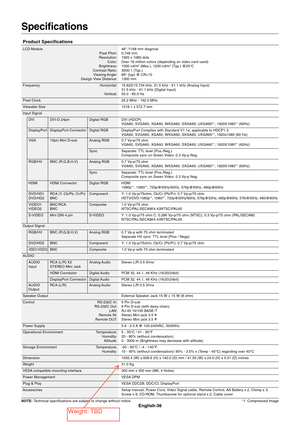 Page 38
English-36
Specifications
Product Specifications
LCD Module 46" /1168 mm diagonalPixel Pitch: 0.746 mm
Resolution: 1920 x 1080 dots Color: Over 16 million colors (depending on video card used)
Brightness: 1500 cd/m
2 (Max.), 1200 cd/m2 (Typ.) @25°C
Contrast Ratio: 3500:1 (Typ.) Viewing Angle: 89° (typ) @ CR>10
Design View Distance: 1300 mm
Frequency Horizontal: 15.625/15.734 kHz, 31.5 kHz - 91.1 kHz (Analog Input) 31.5 kHz - 91.1 kHz (Digital Input)
Vertical: 50.0 - 85.0 Hz
Pixel Clock 25.2 MHz -...