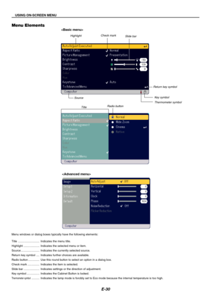 Page 30E-30
Menu windows or dialog boxes typically have the following elements:
Title ........................... Indicates the menu title.
Highlight .................... Indicates the selected menu or item.
Source ....................... Indicates the currently selected source.
Return key symbol .... Indicates further choices are available.
Radio button .............. Use this round button to select an option in a dialog box.
Check mark ............... Indicates the item is selected.
Slide bar...