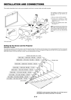 Page 10E-10
INSTALLATION AND CONNECTIONS
This section describes how to set up your projector and how to connect video and audio sources.
To the wall outlet.
Setting Up the Screen and the Projector
Selecting a Location
The further your projector is from the screen or wall, the larger the image. The minimum size the image can be is approximately 30 (0.76 m) measured
diagonally when the projector is roughly 44.5 inches (1.1 m) from the wall or screen. The largest the image can be is 200 (5.0 m) when the projector...