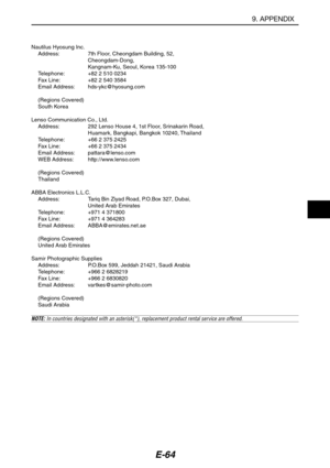 Page 75E-64
Nautilus Hyosung Inc.
Address: 7th Floor, Cheongdam Building, 52,
Cheongdam-Dong,
Kangnam-Ku, Seoul, Korea 135-100
Telephone: +82 2 510 0234
Fax Line: +82 2 540 3584
Email Address: hds-ykc@hyosung.com
(Regions Covered)
South Korea
Lenso Communication Co., Ltd.
Address: 292 Lenso House 4, 1st Floor, Srinakarin Road,
Huamark, Bangkapi, Bangkok 10240, Thailand
Telephone: +66 2 375 2425
Fax Line: +66 2 375 2434
Email Address: pattara@lenso.com
WEB Address: http://www.lenso.com
(Regions Covered)...