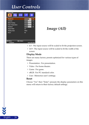 Page 2420English ...
Image (All)
4:3 : The input source will be scaled to fit the projection-screen.
16:9 : The input source will be scaled to fit the width of the
screen.
Display Mode
There are many factory presets optimized for various types of
images.
Presentation : For presentation.
Video : For home theater.
Game : For game.
sRGB : For PC standard color.
User : Memorize user’s settings.
Reset
Choose “Yes” then “Enter” pressed, the display parameters on this
menu will return to their factory default...