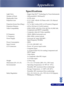 Page 3329... English
Specifications
Light Valve - Single Chip DLPTM Technology by Texas Instruments
Number of Pixels- 1024 pixels(H) X 768 lines(V)
Displayable Color -16.7M colors
Projection Lens -F/2.7~2.88  f=28.43~32.75mm with 1.15x Manual
zoom lens
Projection Screen Size (Diag.) -31.7 to 246.1 inches (0.81 to 6.25 meters) Diagonal
Projection Distance -4.92 to 32.8 feet (1.5 to10.0 meters)
Video Compatibility -NTSC/NTSC 4.43/PAL/PAL-M/PAL-N/SECAM,
Component and HDTV compatible
- Composite video & S-Video...