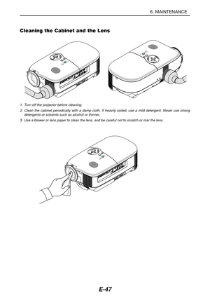 Page 54E-47
CONTROL
C
O
M
P
O
N
E
N
T
 
I
N C
O
M
P
U
T
E
R
 
I
NV
I
D
E
O
 
I
N A
U
D
I
O
 
I
N
S-VIDEO IN
R C
r
/
P
r C
b
/
P
b
Y
L
/
m
o
n
o
A
U
D
I
O
 
I
N
M
O
N
I
T
O
R
 
O
U
T
S
E
L
E
C
T
LAMP
STATUS
POWER
ON/STAND BY
AUTO
ADJ.
A
C
 
I
N
S
E
L
E
C
T
LAMP
STATUS
POWER
ON/STAND BY
AUTO
ADJ.SOURCE
C
O
N
T
R
O
L
COMPONENT IN COMPUTER INVIDEO IN
AUDIO IN
S
-V
ID
E
O
 IN
R Cr/Pr Cb/Pb
Y
L/mono
AUDIO IN
MONITOR OUT
SELECT
L
A
M
P
S
T
A
T
U
S
P
O
W
E
R
O
N
/S
T
A
N
D
 B
Y
A
U
T
O
A
D
J
.
AC IN
6. MAINTENANCE...