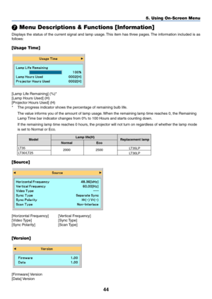 Page 5244
5. Using On-Screen Menu
 Menu Descriptions & Functions [Information]
Displays the status of the current signal and lamp usage. This item has three pages. The information included is as
follows:
[Usage Time]
[Lamp Life Remaining] (%)*
[Lamp Hours Used] (H)
[Projector Hours Used] (H)
*The progress indicator shows the percentage of remaining bulb life.
The value informs you of the amount of lamp usage. When the remaining lamp time reaches 0, the Remaining
Lamp Time bar indicator changes from 0% to 100...