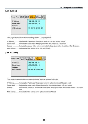 Page 10999
6. Using On-Screen Menu
[LAN Built-in]
This page shows information on settings for the LAN port (RJ-45)
IP Address ............. Indicates the IP address of the projector when the LAN port (RJ-45) is used.
Subnet Mask ......... Indicates the subnet mask of the projector when the LAN port (RJ-45) is used
Gateway ................ Indicates the gateway of the network connected to the projector when the LAN port (RJ-45) is used.
MAC Address ........ Indicates the MAC address of the LAN port (RJ-45).
[LAN...