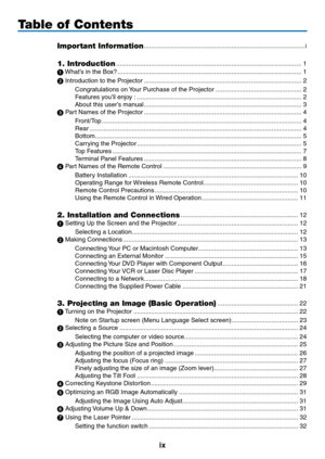 Page 11
ix
Table of Contents
Important Information ........................................................................\
....................i
1. Introduction  ........................................................................\
..................................1
 What’s in the Box?  ........................................................................\
.................................1
 Introduction to the Projector  ........................................................................\...