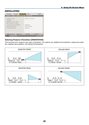 Page 106
9
6. Using On-Screen Menu
[INSTALLATION]
Selecting projector Orientation [ORIENTATION]
This  reorients  your  image  for  your  type  of  projection. The  options  are:  desktop  front  projection,  ceiling  rear  projec-
tion, desktop rear projection, and ceiling front projection.
DESKTOP FRONTCEILING REAR
DESKTOP REARCEILING FRONT 