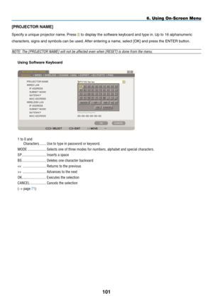 Page 115
101
[pROJECTOR NAmE]
Specify a unique projector name. Press  to display the software keyboard and type in. Up to 16 alphanumeric 
characters, signs and symbols can be used. After entering a name, select [OK] and press the ENTER button.
NOTE: The [PROJECTOR NAME] will not be affected even when [RESET] is don\
e from the menu.
Using Software Keyboard
1.to.0.and
Characters........Use.to.type.in.password.or.keyword....