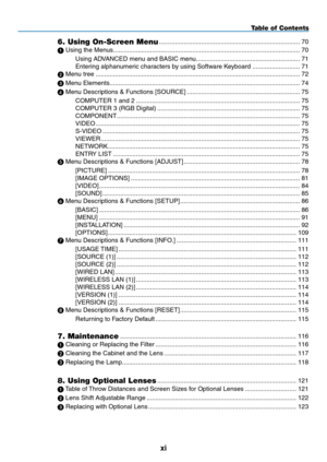 Page 13
xi
Table of Contents
6. Using On-Screen Menu ........................................................................\
........70
 Using the Menus ........................................................................\
..................................70
Using ADVANCED menu and BASIC menu ...........................................................71
Entering alphanumeric characters by using Software Keyboard  ...........................71
 Menu tree...