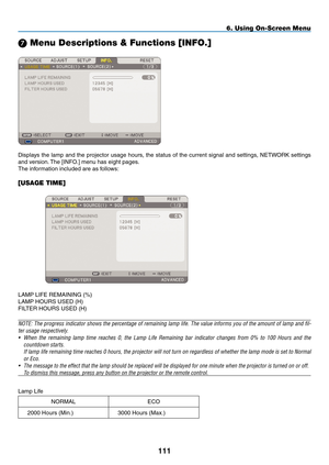 Page 125
111
6. Using On-Screen Menu
 Menu Descriptions & Functions [INFO.]
Displays the lamp and the projector usage hours, the status of the current signal and settings, NETWORK settings 
and version. The [INFO.] menu has eight pages.
The information included are as follows:
[USAGE TIME]
 
LAMP LIFE REMAINING (%)
LAMP HOURS USED (H)
FILTER HOURS USED (H)
NOTE: The progress indicator shows the percentage of remaining lamp life. The value informs you of the amount of lamp and fil-
ter usage respectively.
• When...