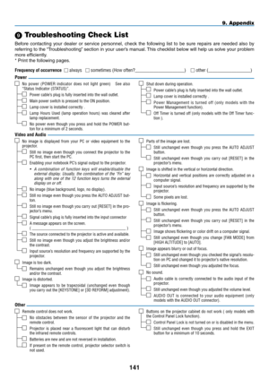 Page 155
141
No.image. is.displayed. from.your.PC.or.video. equipment. to.the.projector.
Still. no.image. even.though. you.connect. the.projector. to.the.PC.first,.then.start.the.PC.
Enabling.your.notebook.PC’s.signal.output.to.the.projector.
• A  combination  of  function  keys  will  enable/disable  the external  display.  Usually,  the  combination  of  the  “Fn”  key along  with  one  of  the  12  function  keys  turns  the  external display on or off. 
No.image.(blue.background,.logo,.no.display).
Still....