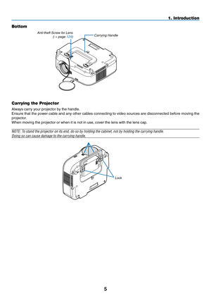 Page 19
5
1. Introduction
Bottom
Carrying handle
Carrying the Projector
Always carry your projector by the handle.
Ensure that the power cable and any other cables connecting to video sources are disconnected before moving the 
projector.
When moving the projector or when it is not in use, cover the lens with the lens cap.
NOTE: To stand the projector on its end, do so by holding the cabinet, not by h\
olding the carrying handle.
Doing so can cause damage to the carrying handle.
anti-theft screw for lens(→ page...