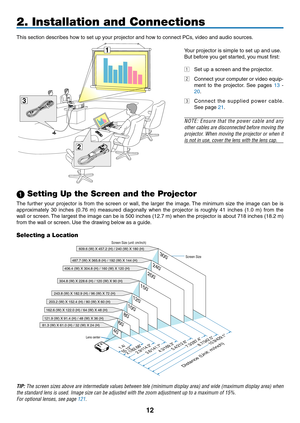 Page 26
1
1


This section describes how to set up your projector and how to connect PCs, video and audio sources.
2. Installation and Connections
 Setting Up the Screen and the Projector
The  further  your  projector  is  from  the  screen  or  wall,  the  larger  the  image. The  minimum  size  the  image  can  be  is 
approximately  30  inches  (0.76  m)  measured  diagonally  when  the  projector  is  roughly  41  inches  (1.0  m)  from  the 
wall or screen. The largest the image can be is...