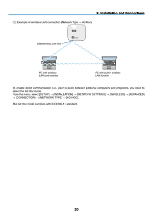 Page 34
0
2. Installation and Connections
To  enable  direct  communication  (i.e.,  peer-to-peer)  between  personal  computers  and  projectors,  you  need  to 
select the Ad Hoc mode.
From the menu, select [SETUP] → [INSTALLATION] → [N ETWORK  SETTINGS] → [WIRELESS] → [A DVANCED] 
→ [CONNECTION] → [NETWORK TYPE] → [AD HOC].
The Ad Hoc mode complies with IEEE802.11 standard.
PC with wireless lan card insertedPC with built-in wireless lan function
UsB Wireless lan Unit
(C) Example of wireless LAN...