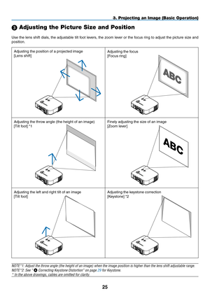 Page 39
5
3. Projecting an Image (Basic Operation)
Use the lens shift dials, the adjustable tilt foot levers, the zoom lever or the focus ring to adjust the picture size and 
position.
 Adjusting the Picture Size and Position
LAMPSTATUSPOWERON/STAND BYSOURCEAUTO ADJUST3D REFORMSELECTUSB
LENS SHIFTLEFTRIGHTDOWNUP
WIRELESSWIRELESS
LAMPSTATUSPOWERON/STAND BYSOURCEAUTO ADJUST3D REFORMSELECTUSB
LENS SHIFTLEFTRIGHTDOWNUP
WIRELESSWIRELESSLAMPSTATUSPOWERON/STAND BYSOURCEAUTO ADJUST3D REFORMSELECTUSB
LENS...