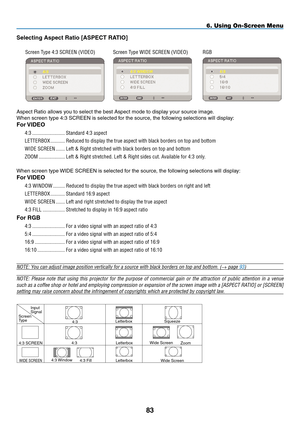 Page 97
8
6. Using On-Screen Menu
InputSignalScreenType
4:3 SCREEN
WIDE SCREEN
4:3
4:3 Window4:3 Fill
Squeeze
Wide Screen
Wide Screen
Zoom
Letterbox
4:3Letterbox
Letterbox
Selecting Aspect Ratio [ASpECT RATIO]
.Screen.Type.4:3.SCREEN.(VIDEO). Screen.Type.WIDE.SCREEN.(VIDEO). RGB
   
Aspect Ratio allows you to select the best Aspect mode to display your source image.
When screen type 4:3 SCREEN is selected for the source, the following selections will display:
For VIDEO...