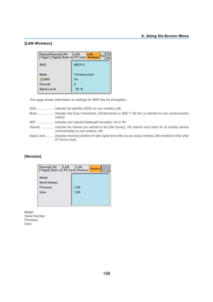 Page 116106
6. Using On-Screen Menu
[LAN Wireless]
This page shows information on settings for WEP key for encryption.
SSID ...................... Indicates the identifier (SSID) for your wireless LAN.
Mode ..................... Indicates that [Easy Connection], [Infrastructure] or [802.11 Ad Hoc] is selected for your communication
method
WEP ...................... Indicates your selected datalength encryption: On or Off
Channel ................. Indicates the channel you selected in the [Site Survey]. The...