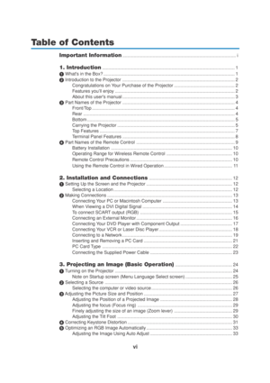 Page 8vi
Table of Contents
Important Information.......................................................................................... i
1. Introduction......................................................................................................... 1
 Whats in the Box? ........................................................................................................ 1
 Introduction to the Projector ......................................................................................... 2...